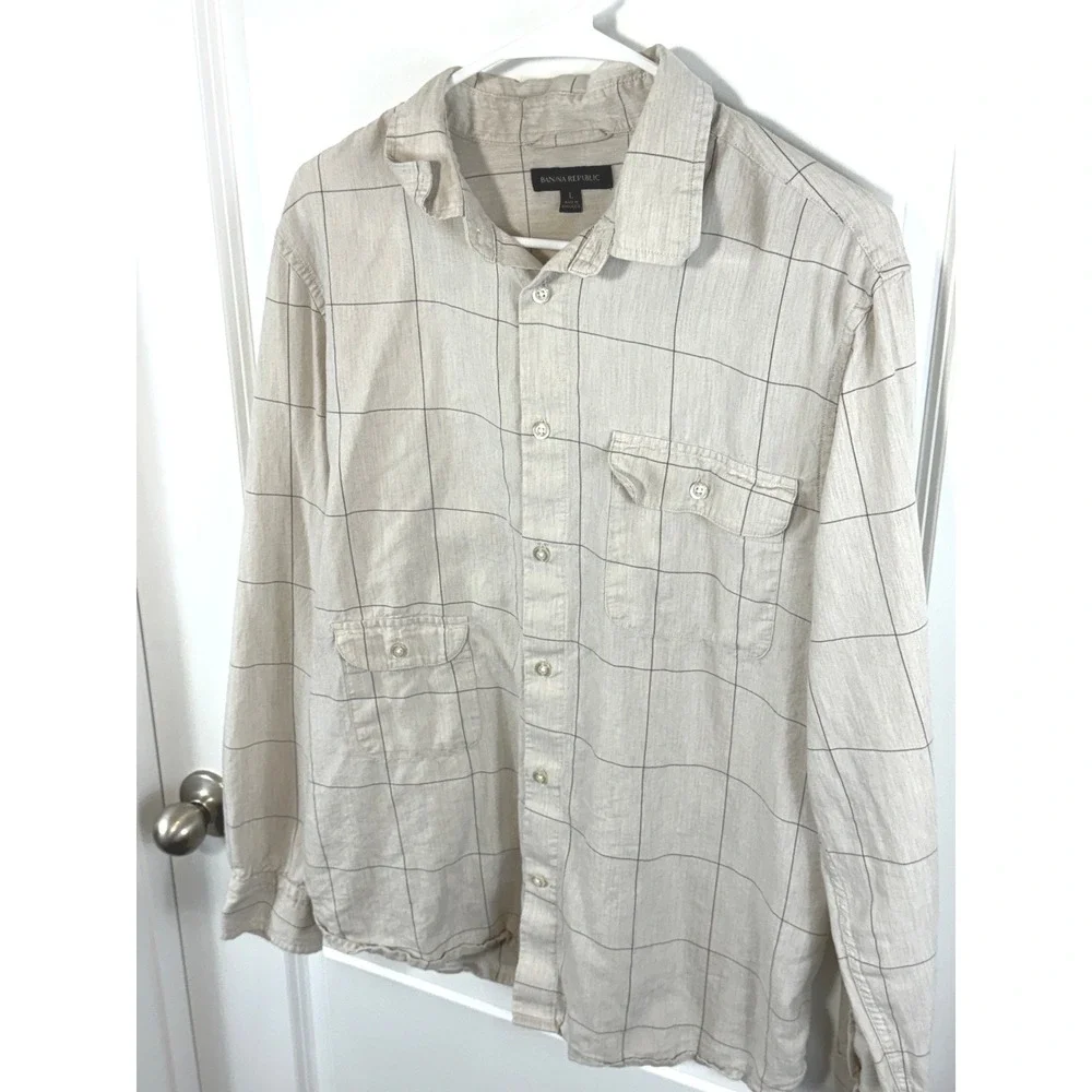 Banana Republic Men's Beige Windowpane Check Shirt‎ L Cotton Tencel Workwear